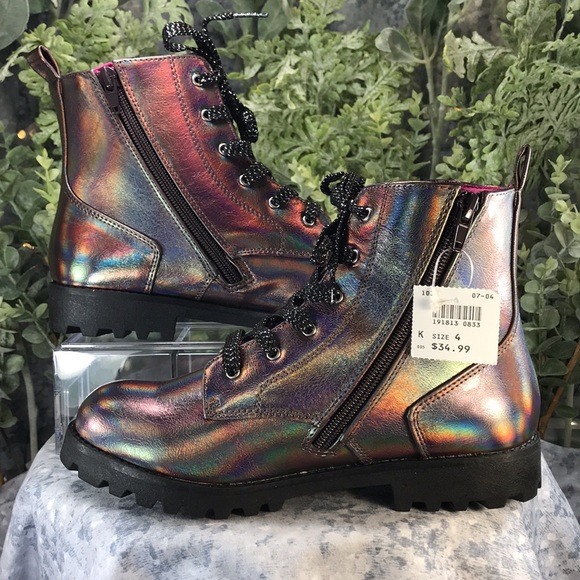 Brash Jet Fashion Lug Boots Iridescent Bronze Zip & Laces Combo Girls 4 NWT&NIB - Picture 4 of 9
